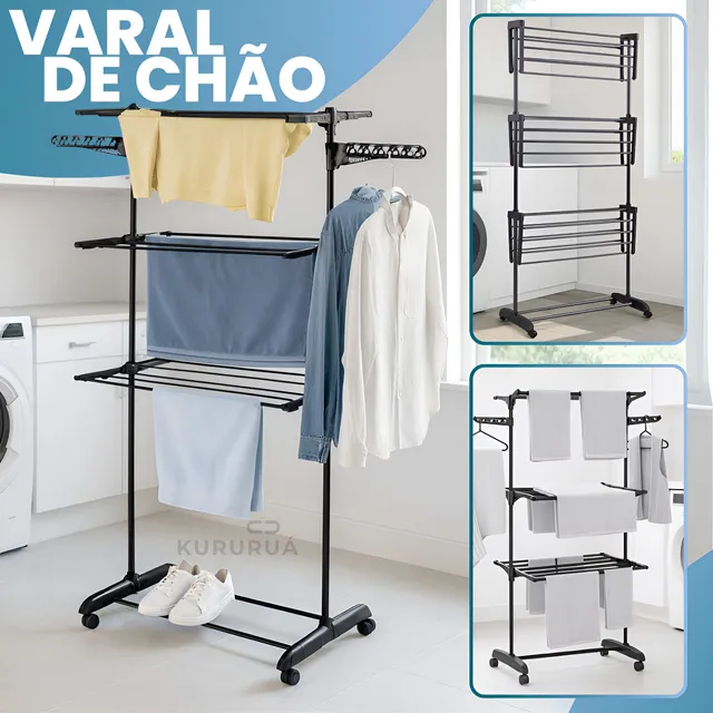 Varal De Chão 3 Andares Para Roupas Preto, Calcinhas, Toalhas, Roupa De Nenem 4 Rodas Dobrável Reforçado E Portátil Marca Kururuá